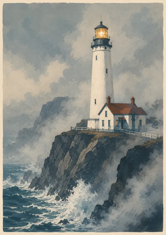 Vintage gouache travel poster illustration of a white lighthouse glowing above a foggy rocky ocean cliff with crashing surf.
