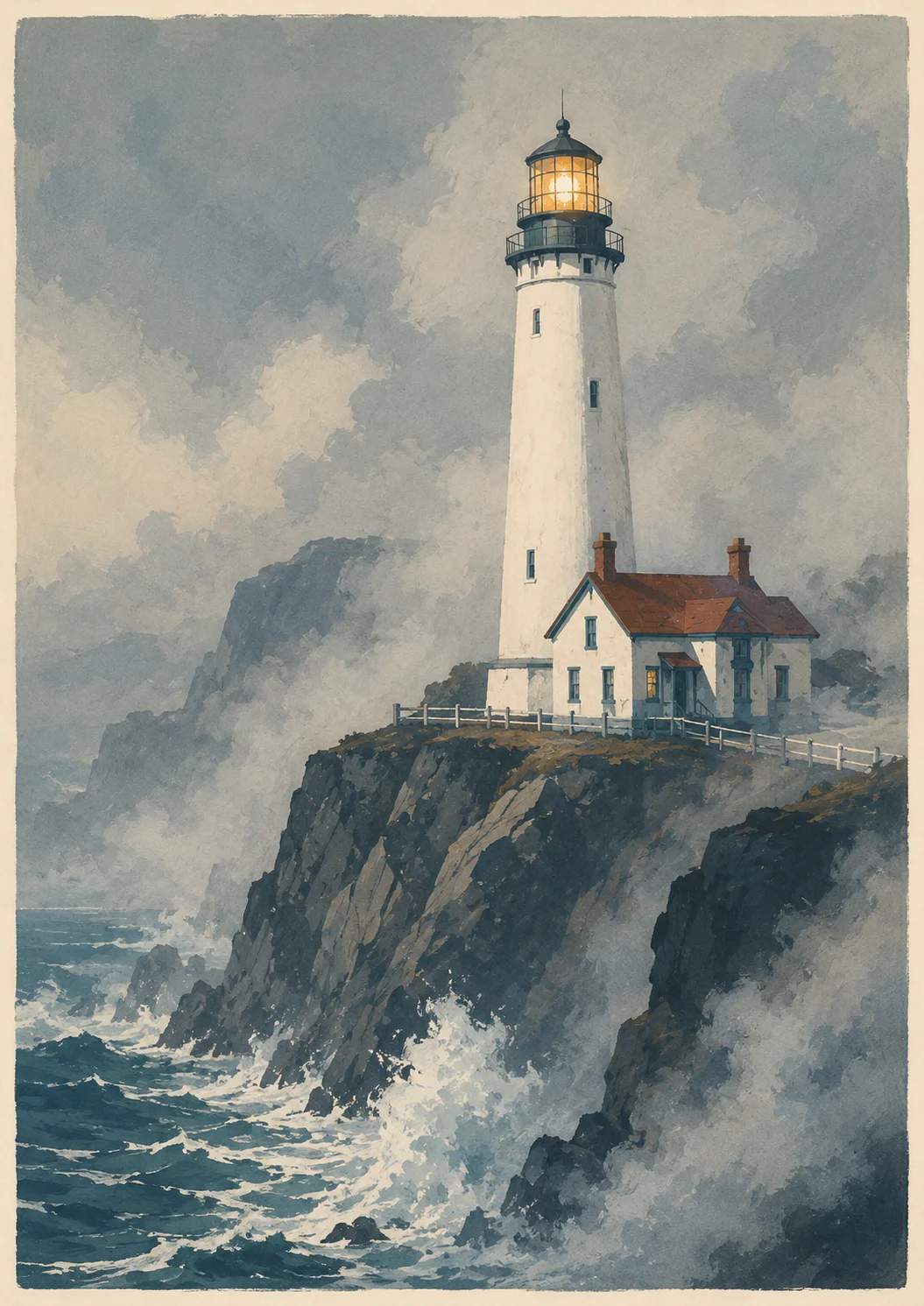 Vintage gouache travel poster illustration of a white lighthouse glowing above a foggy rocky ocean cliff with crashing surf.