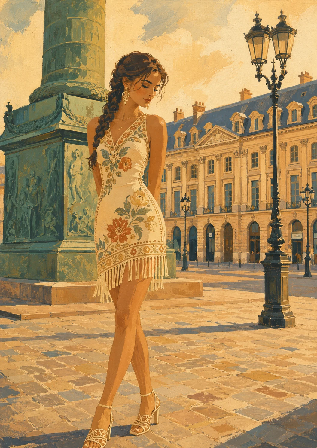 Vintage gouache travel poster illustration of an elegant woman in a floral embellished dress standing in a warm European plaza with classical buildings and a green monument.