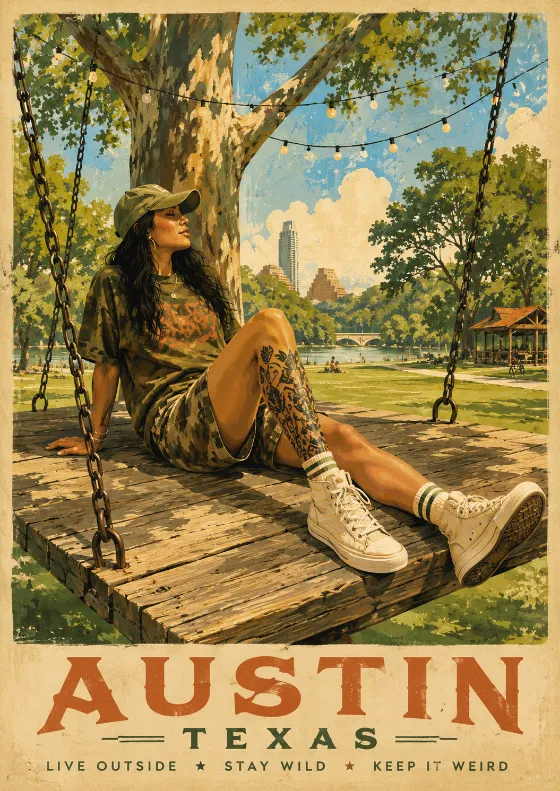 Vintage gouache park poster art with a seated figure on a wooden swing platform and sunlit trees.