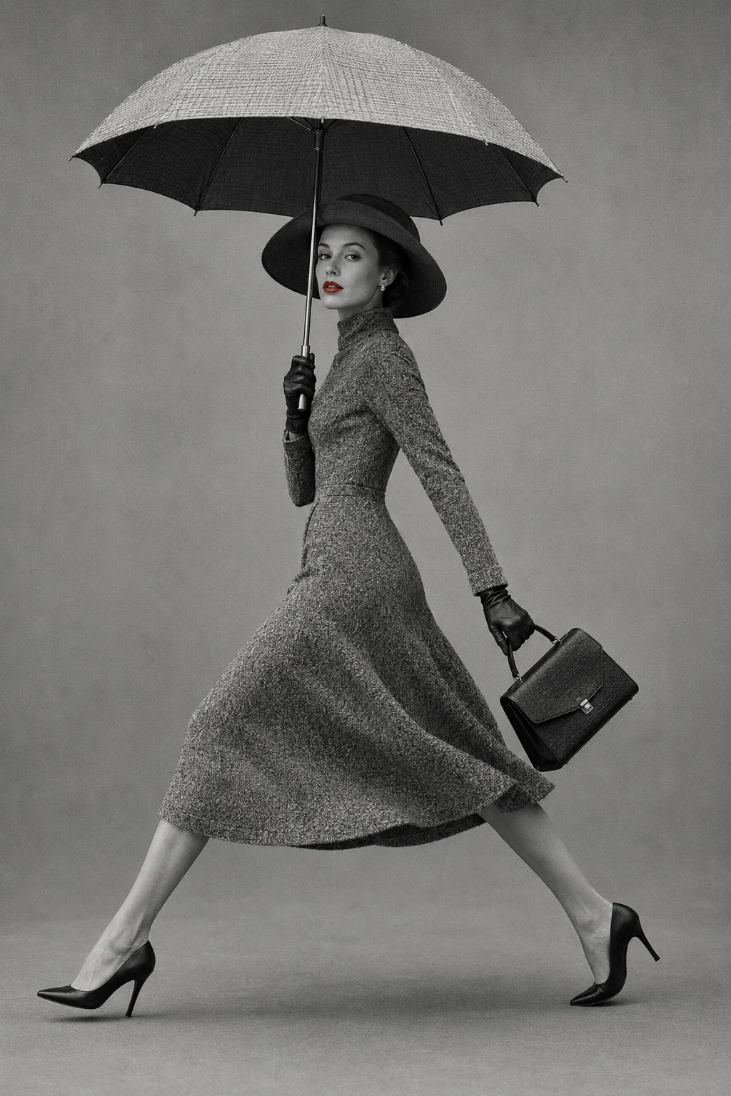 A grayscale fashion portrait of a young woman running with an umbrella, wearing a wide-brim hat, gloves, handbag, and red lipstick.