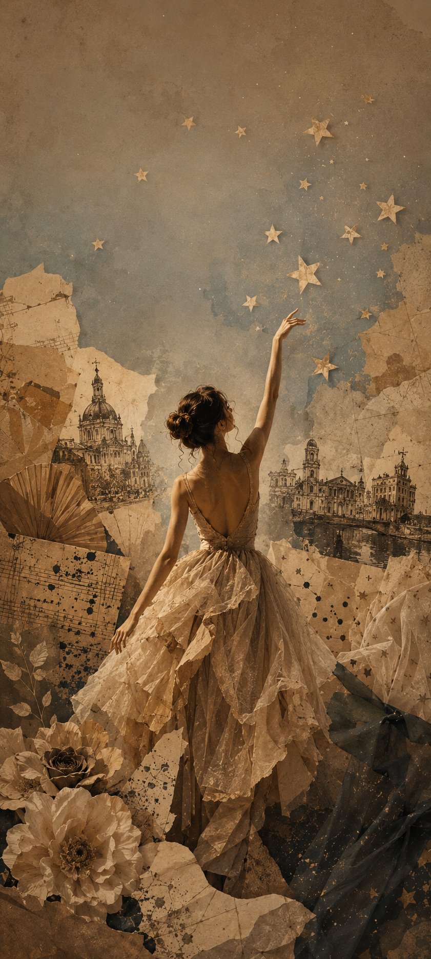 Vintage collage wallpaper with a graceful figure reaching toward cream paper stars over aged parchment and abstract music textures.