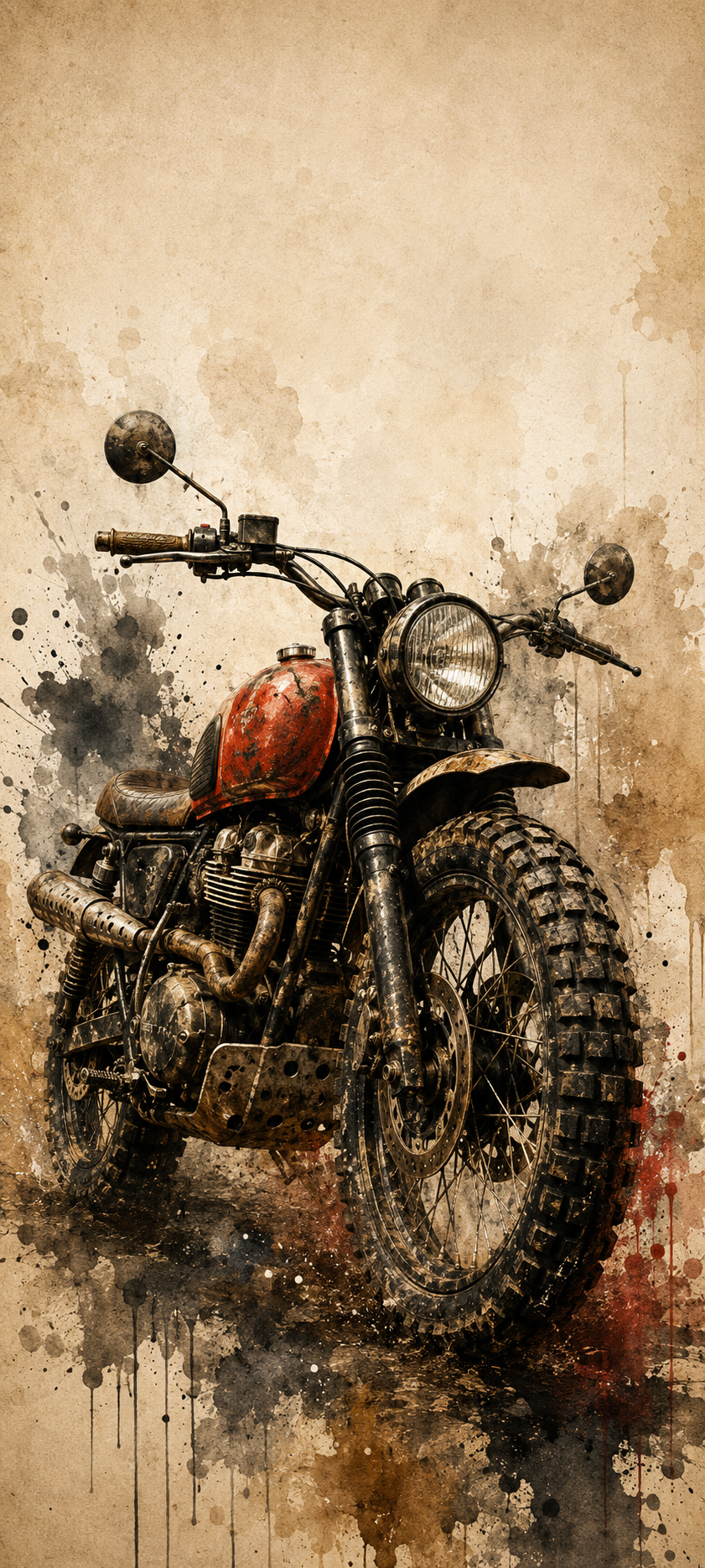 Vintage red scrambler motorcycle with a large front tire, round headlight, dust splashes, and aged paper texture.