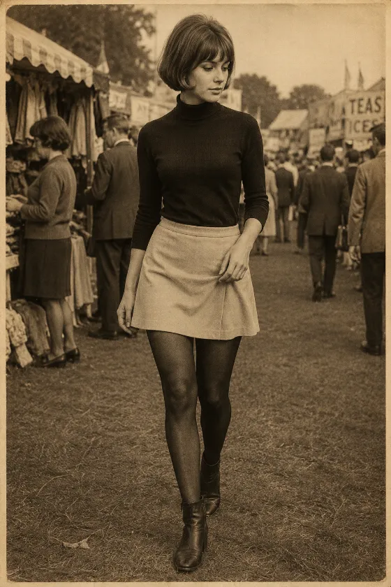 Sepia photograph of one woman walking at an outdoor market wearing a black turtleneck, light mini skirt, dark tights, and ankle boots.