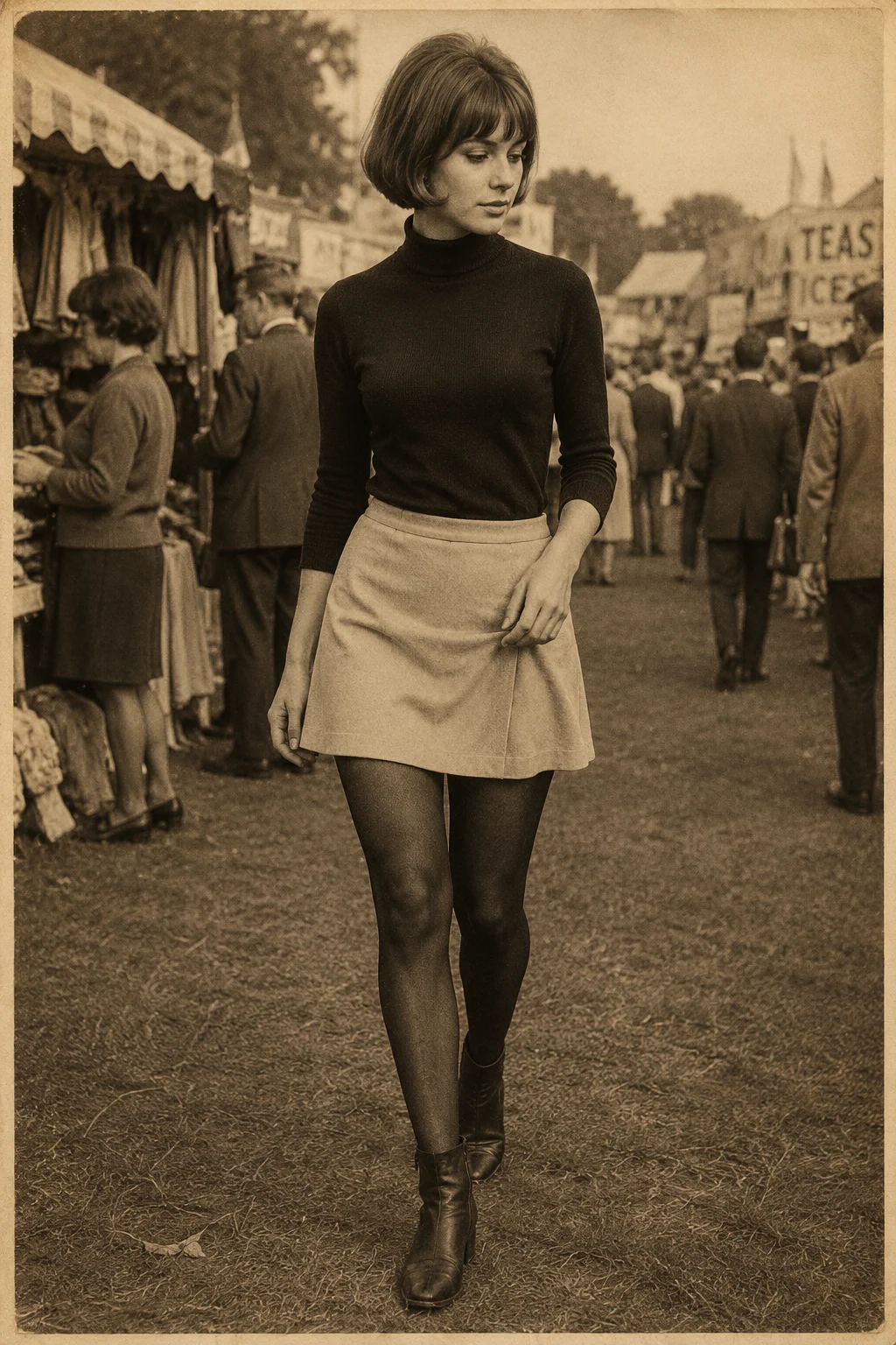 Sepia photograph of one woman walking at an outdoor market wearing a black turtleneck, light mini skirt, dark tights, and ankle boots.