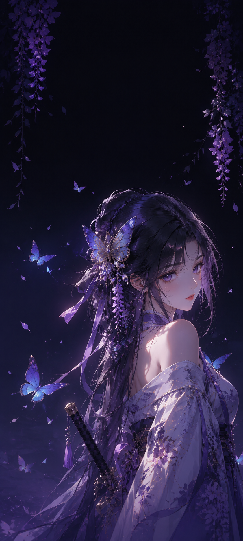 Anime-inspired butterfly girl wallpaper with violet eyes, dark purple hair, floating butterflies, and soft wisteria accents on a premium dark background.