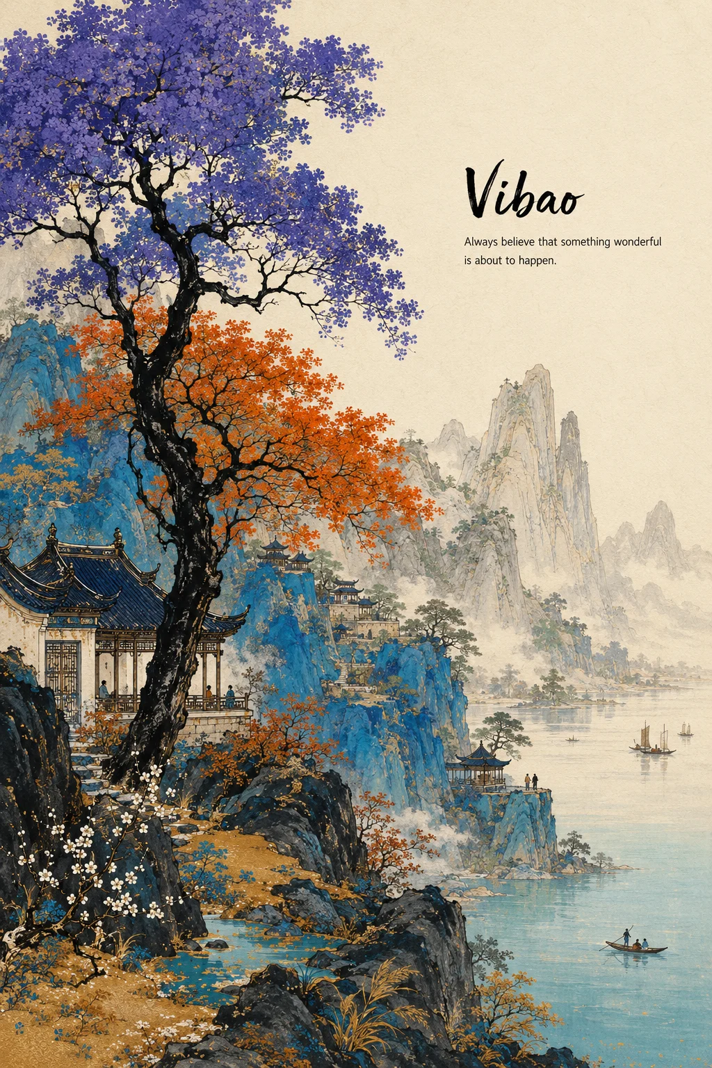 Decorative vertical landscape showing colorful trees, layered blue mountains, traditional pavilions, distant figures, and a quiet lake.