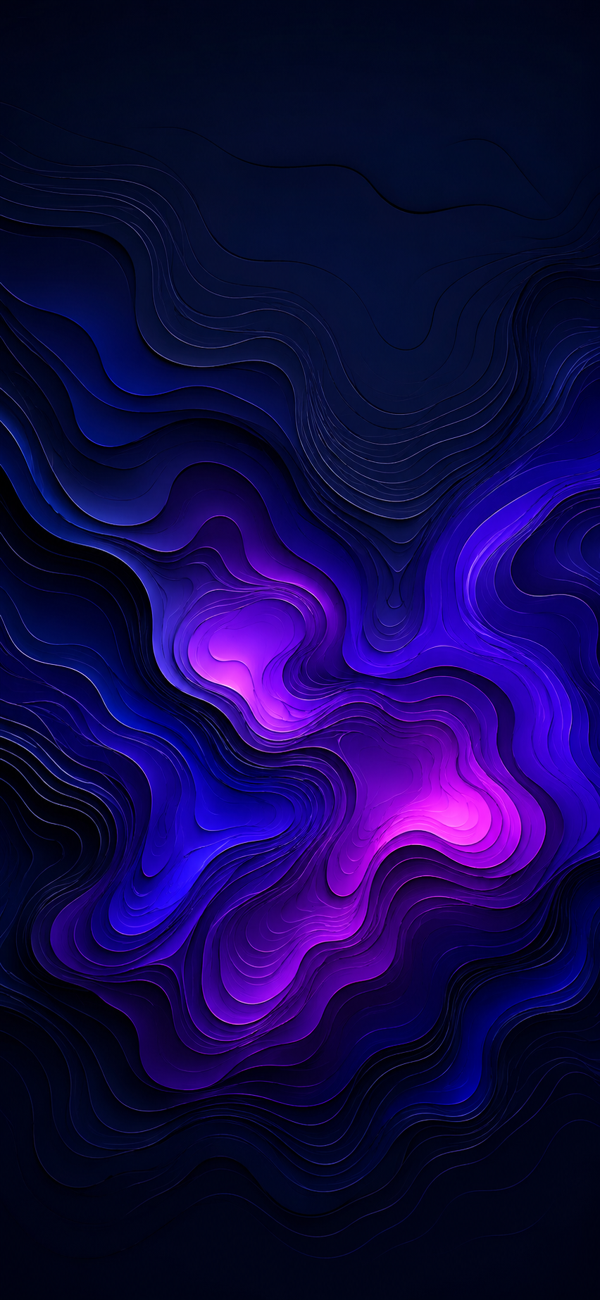 Dark Samsung AMOLED wallpaper with violet contour waves, black topographic lines, navy background, and magenta glow.