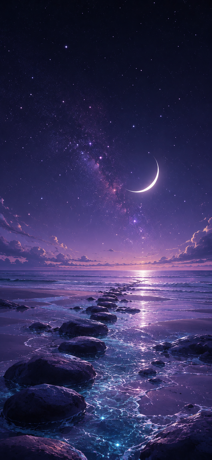 Dreamy violet night seascape with a white crescent moon, star-filled sky, glowing shallow water, and dark rocks leading toward the horizon.