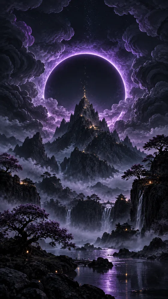 Dark fantasy phone wallpaper with a jagged mountain beneath a glowing violet circular portal and layered charcoal clouds.
