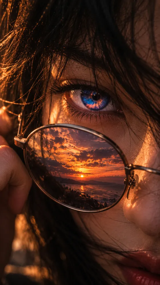 Surreal close-up face with a vivid blue eye and round glasses reflecting an orange pink sunset sky.