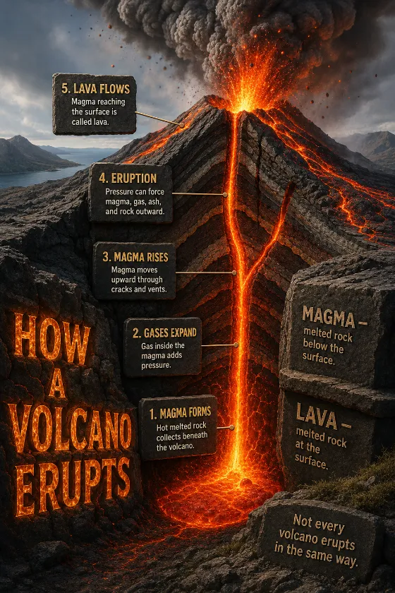 Educational volcano cutaway showing magma forming underground, pressure building, magma rising, eruption at the crater, and lava flowing down the mountain.