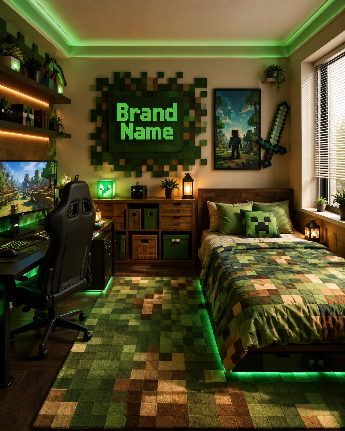 Gaming bedroom with a dark ergonomic chair, widescreen monitor, pixel-pattern bed, green LED lighting, and matching area rug.