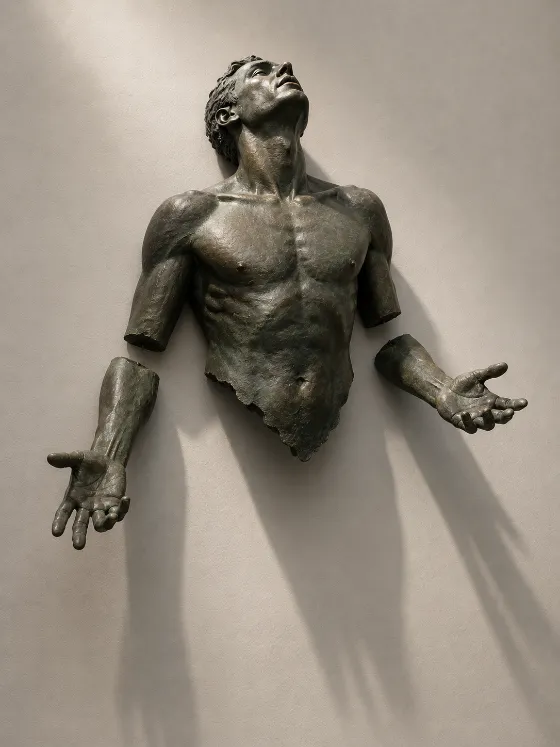 Contemporary bronze humanoid sculpture mounted on a pale wall with open hands and long cast shadows.