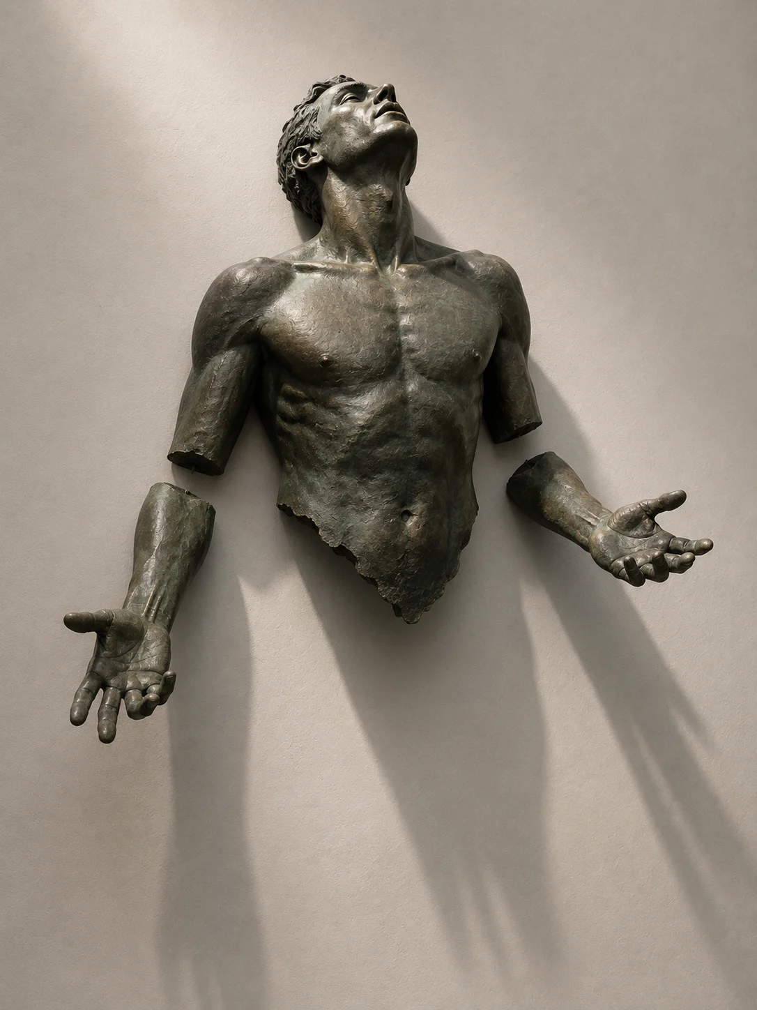 Contemporary bronze humanoid sculpture mounted on a pale wall with open hands and long cast shadows.