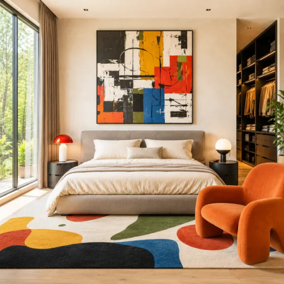 Contemporary bedroom with abstract artwork, orange sculptural chair, upholstered bed, colorful rug, and warm neutral finishes.