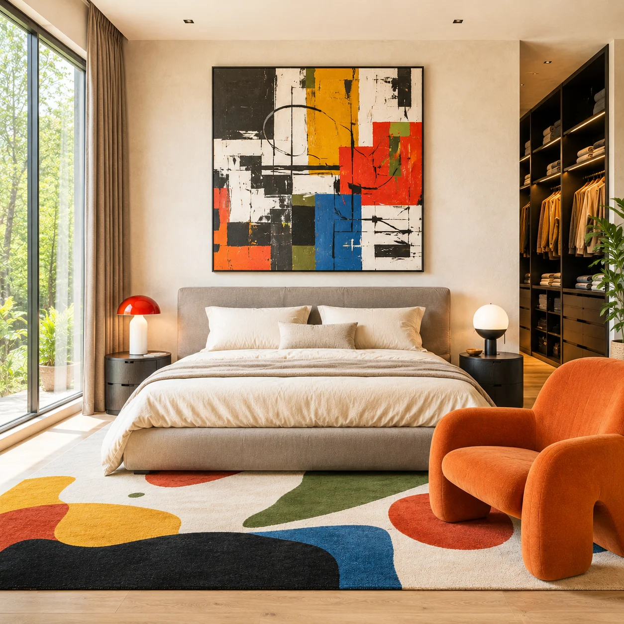 Contemporary bedroom with abstract artwork, orange sculptural chair, upholstered bed, colorful rug, and warm neutral finishes.