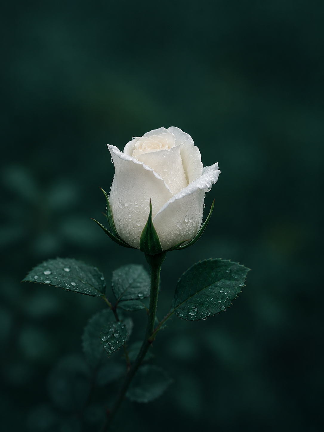 iPad tablet wallpaper wallpaper with delicate ivory rosebud glowing against a dark green background.