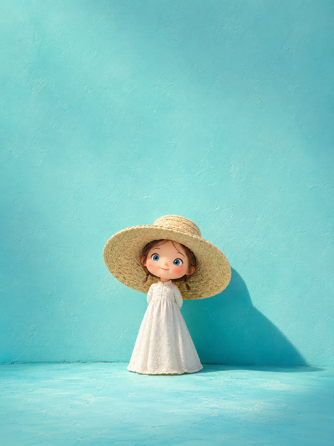 iPad Pro lock screen wallpaper with small rosy-faced character under a wide sunhat against a huge calm aqua field.