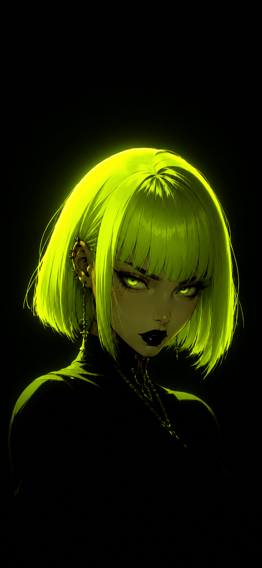 iPhone 15 lock screen wallpaper with electric lime hair silhouette and sharp glowing eyes.