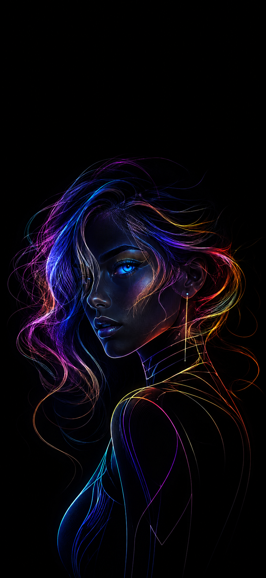 phone wallpaper wallpaper with Wallpaper for iPhone 16 featuring a futuristic neon line-art woman with deep black, electric blue, magenta, violet, cyan, warm glow, dramatic mood, and cyber fashion editorial style.