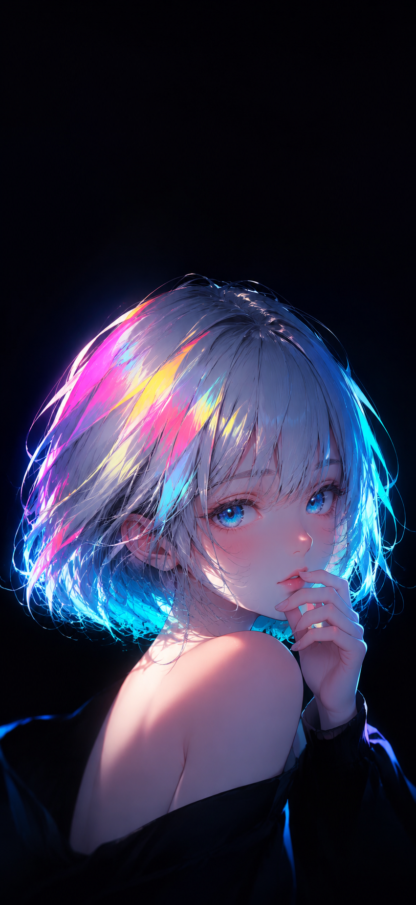 iPhone 17 lock screen wallpaper with rainbow prism hair glow and bright cyan eyes.