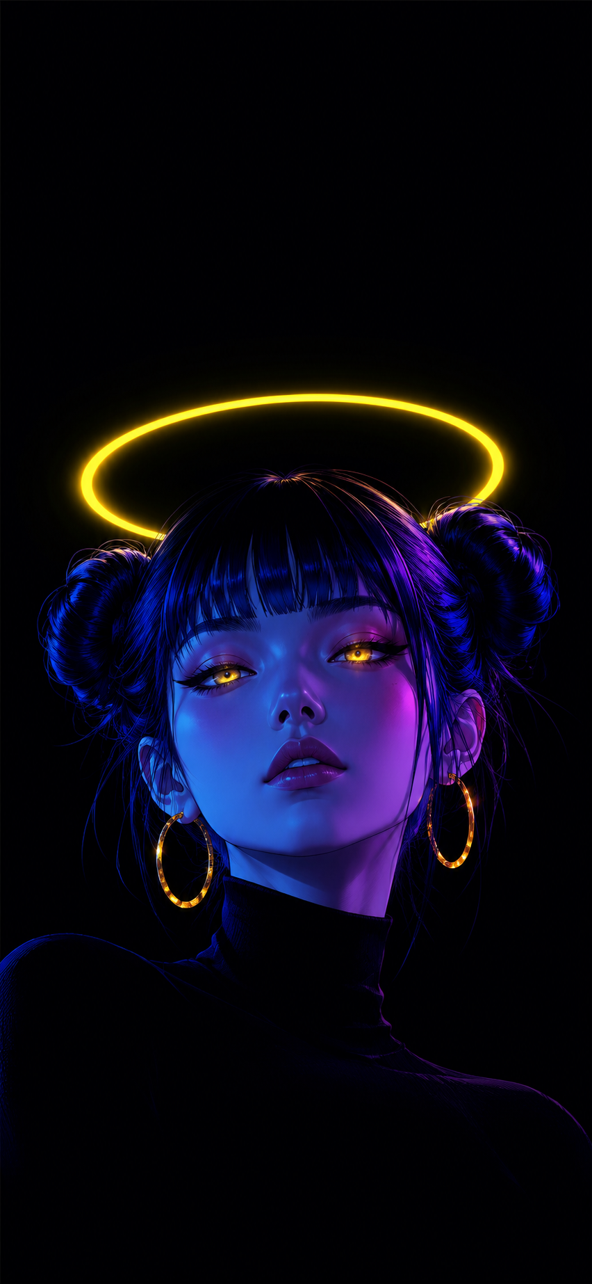 iPhone 17 Pro lock screen wallpaper with bright yellow halo ring and golden eyes.