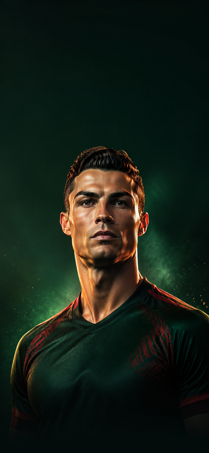 latest modern iPhone family lock screen wallpaper with Wallpaper for iPhone featuring a premium 3D football icon portrait with deep emerald green, burgundy accents, warm peach glow, confident mood, and editorial sports poster style.