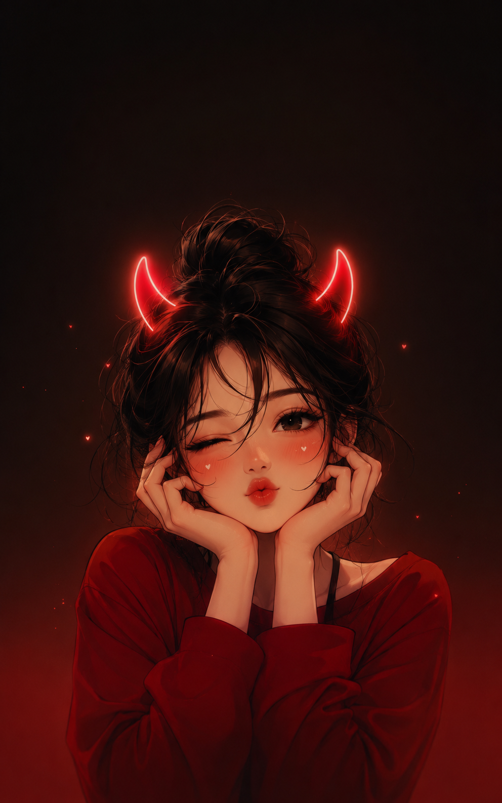 Samsung Galaxy Tab lock screen wallpaper with glowing red devil-horn light accents above the head with blush cheek marks.