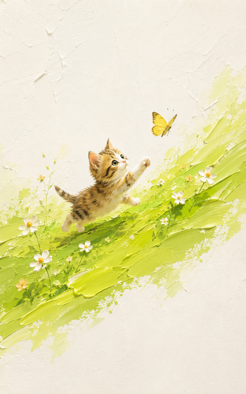 Samsung Galaxy Tab tablet wallpaper wallpaper with bright diagonal green brush stroke containing the kitten, butterfly, and flowers.