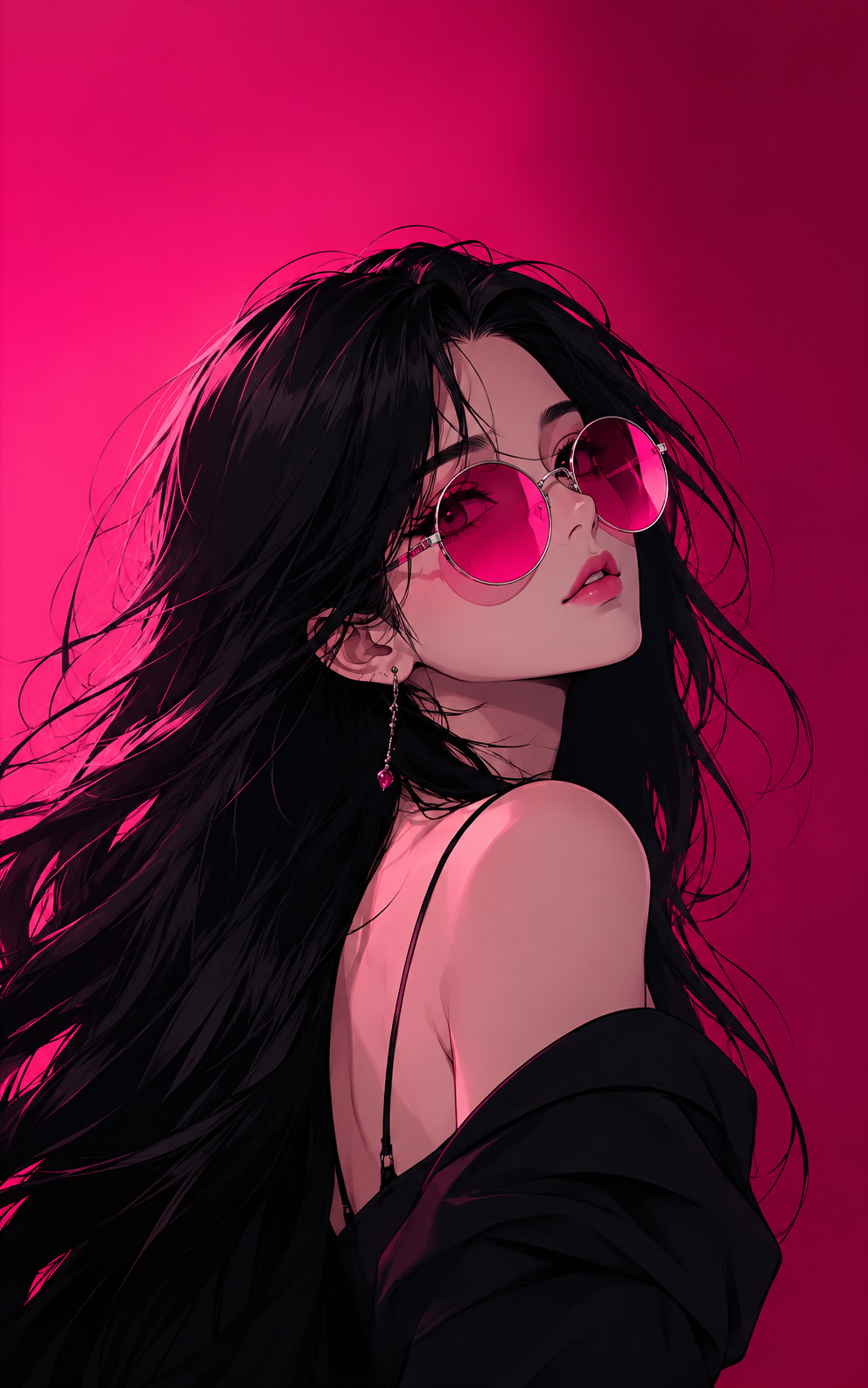 Samsung Galaxy Tab tablet wallpaper wallpaper with pink reflective sunglasses framed by black hair and sharp manga shadows.