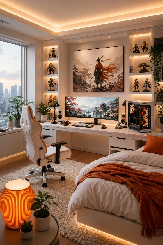 Contemporary gaming bedroom with orange ambient lighting, anime-inspired decor, white cabinetry, desktop PC, and cozy bedding.