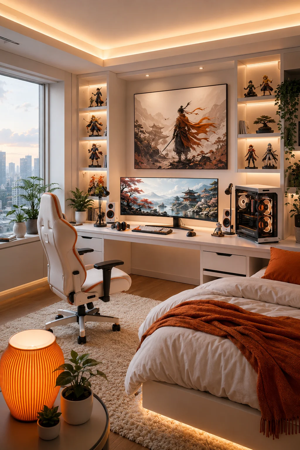 Contemporary gaming bedroom with orange ambient lighting, anime-inspired decor, white cabinetry, desktop PC, and cozy bedding.