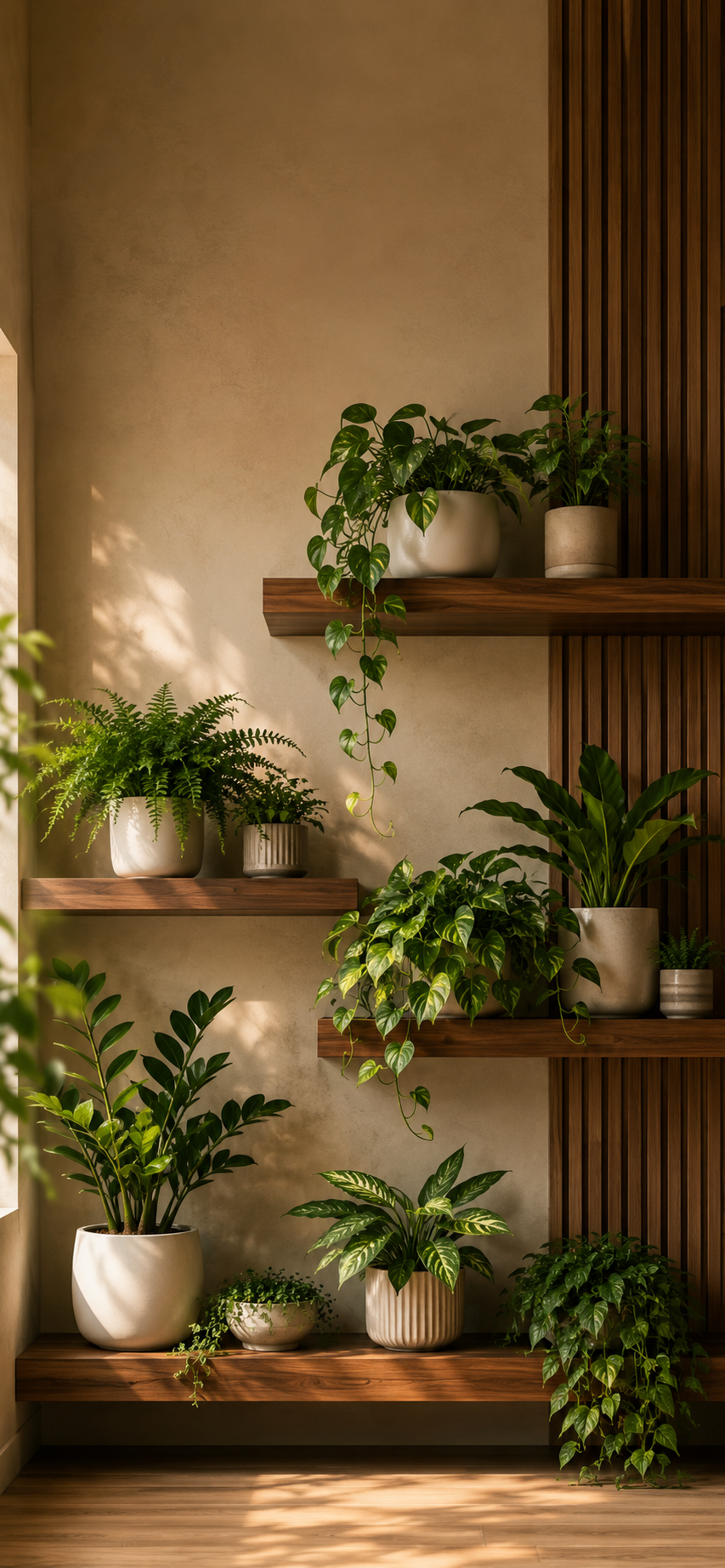 Warm interior plant wall with wood slats, floating shelves, ceramic planters, and cascading green houseplants.