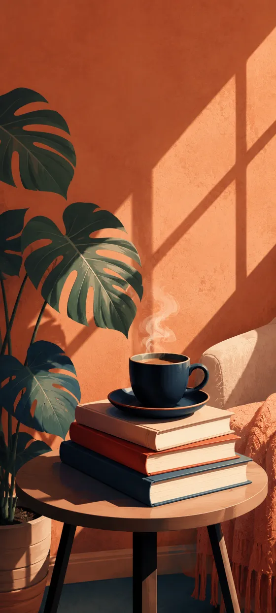 Minimal flat illustration of a coffee on stacked books beside monstera leaves and warm sunlight on a terracotta wall.