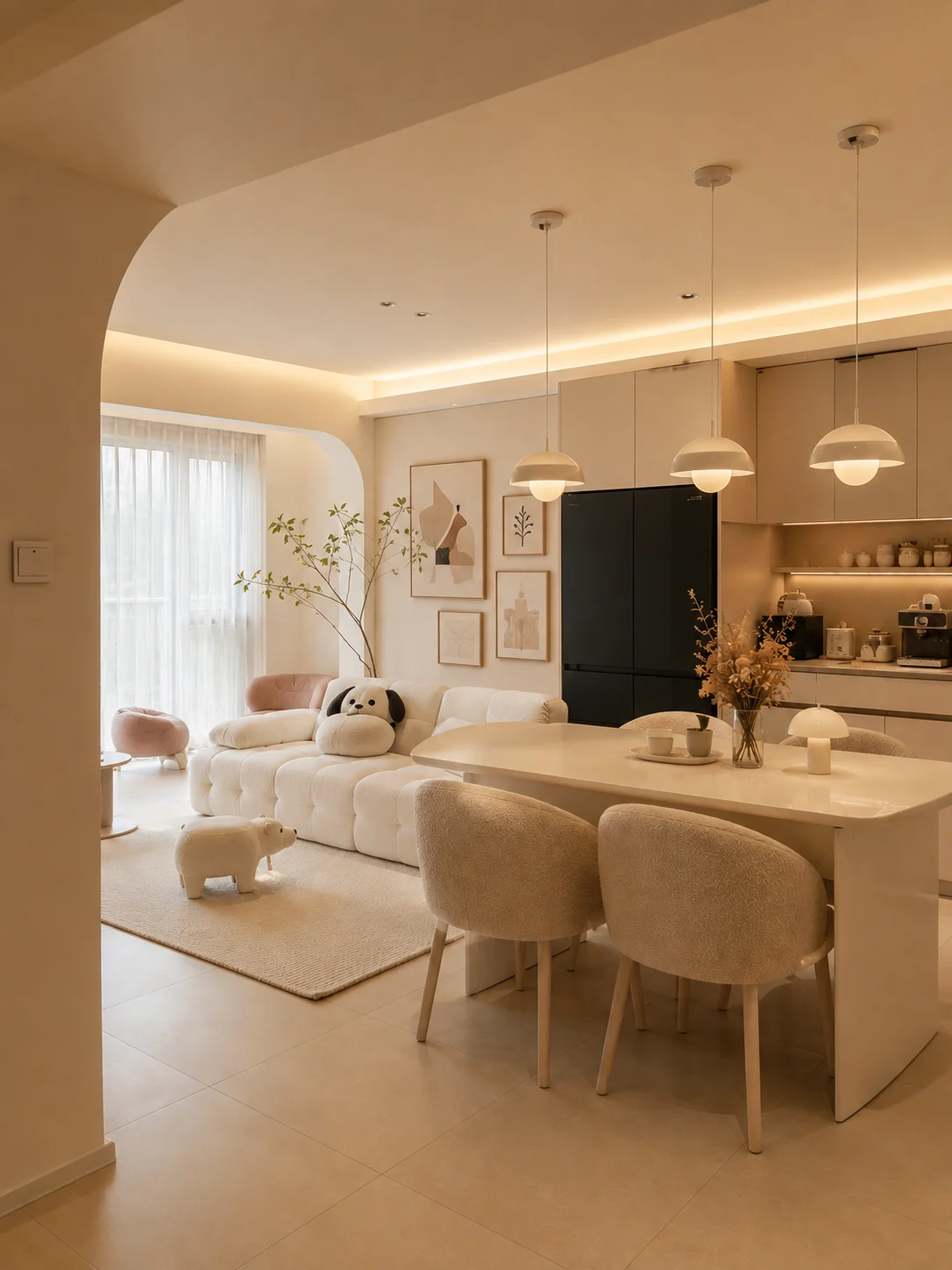 Warm contemporary apartment interior with ivory sofa, white dining table, upholstered chairs, pale flooring, and soft natural light.