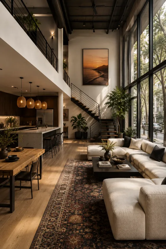 Warm contemporary loft living room with tall windows, central staircase, cream sectional, patterned rug, dark kitchen, and indoor plants.