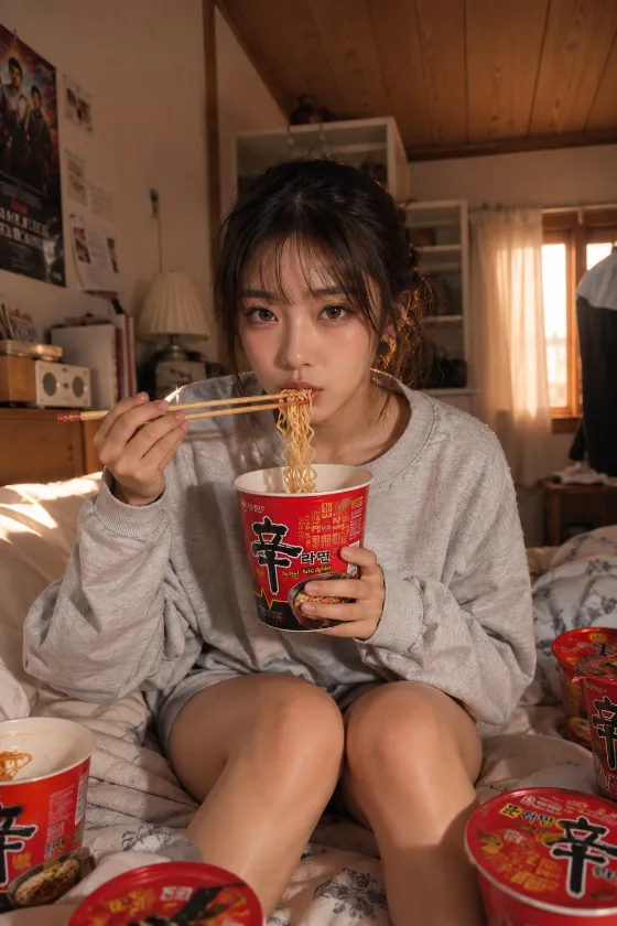 Warm indoor portrait with instant noodles and cozy afternoon light.