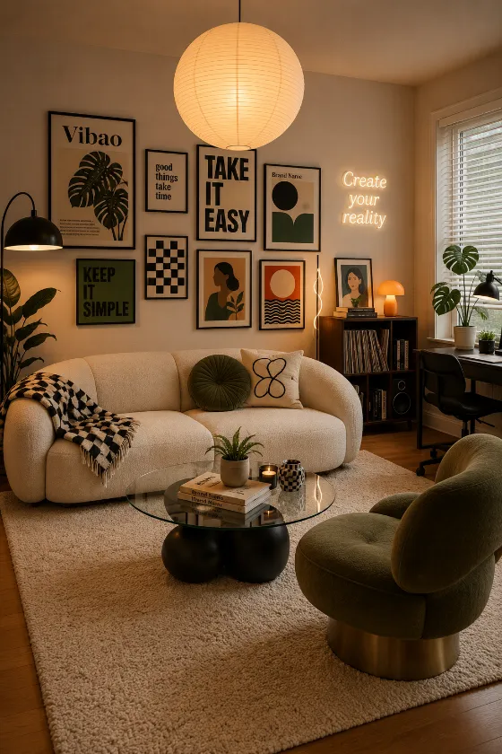 Warm eclectic living room with cream curved sofa, olive lounge chair, graphic gallery wall, pendant light, plants, and black accents.