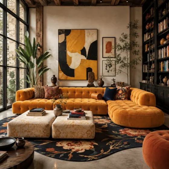 Eclectic contemporary living room with mustard sofa, abstract art, indoor plants, books, and dark library.
