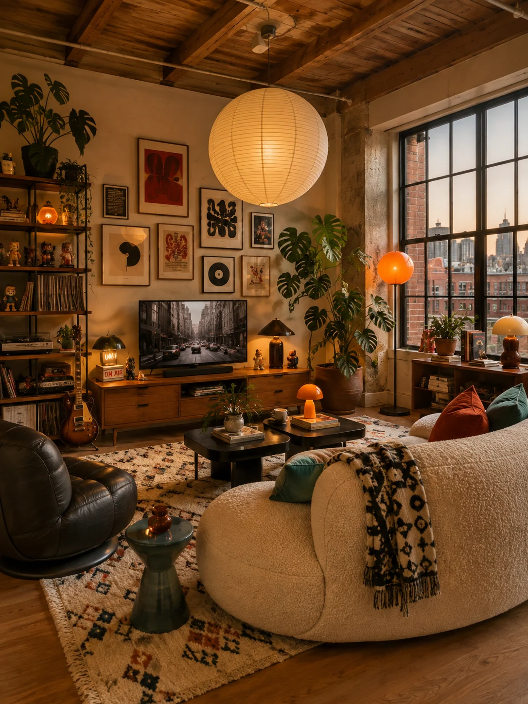 Warm eclectic living room with cream sofa, black leather chair, globe pendant, orange lamp, plants, records, and vintage decor.
