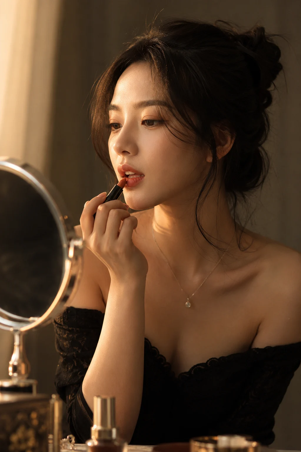 Warm editorial vanity portrait with lipstick application.