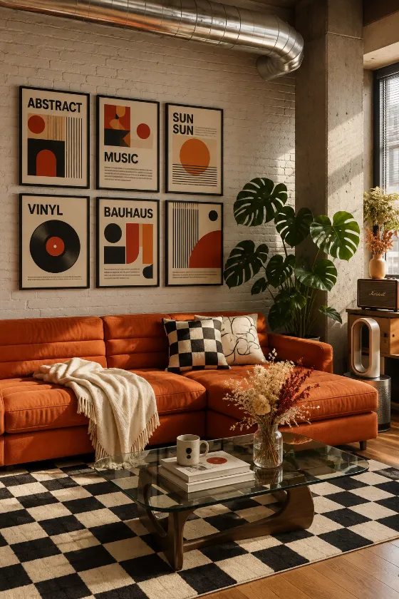 Warm industrial living room with orange sectional sofa, six framed graphic posters, checkerboard rug, glass coffee table, and large monstera plant.