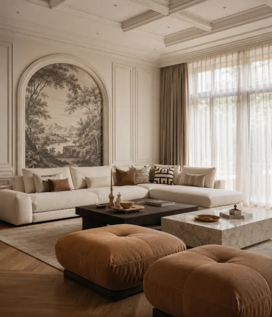 Elegant cream living room with paneled walls, arched mural, modular sofa, brown ottomans, and marble tables.
