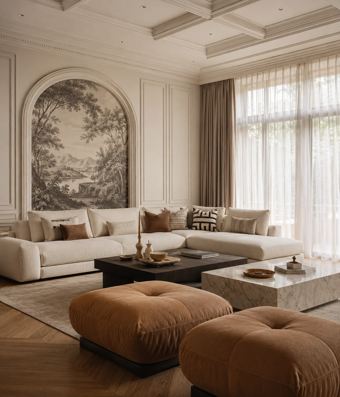 Elegant cream living room with paneled walls, arched mural, modular sofa, brown ottomans, and marble tables.