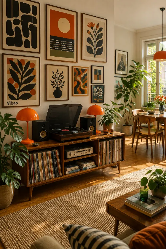 Warm mid-century living room with walnut console, turntable, orange lamps, gallery wall, plants, and window light.