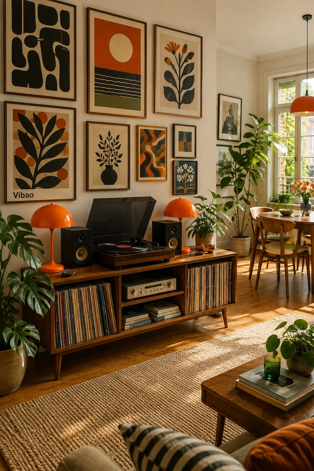 Warm mid-century living room with walnut console, turntable, orange lamps, gallery wall, plants, and window light.