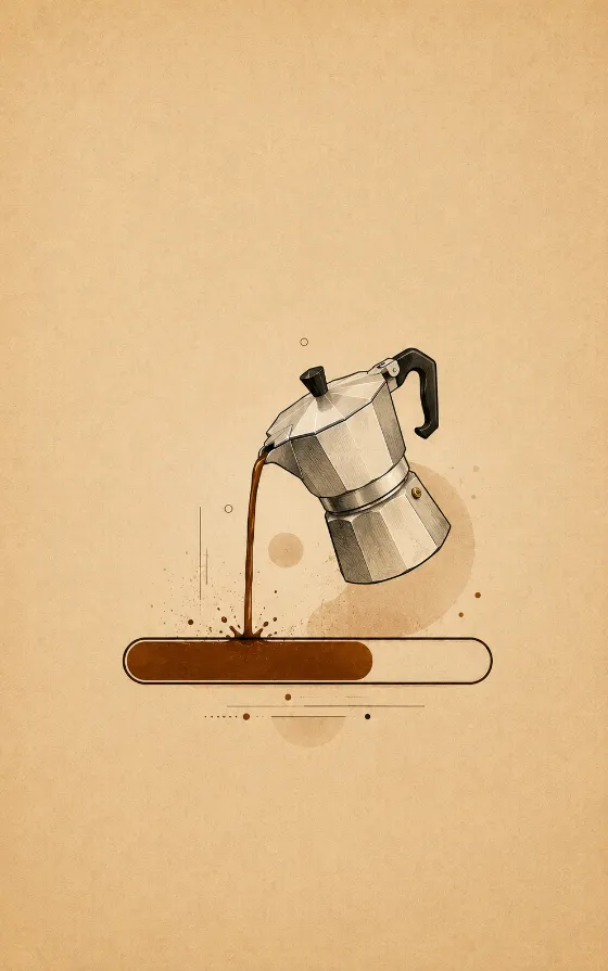 Minimal illustration of a moka pot pouring coffee into an abstract horizontal form on a warm kraft paper background.