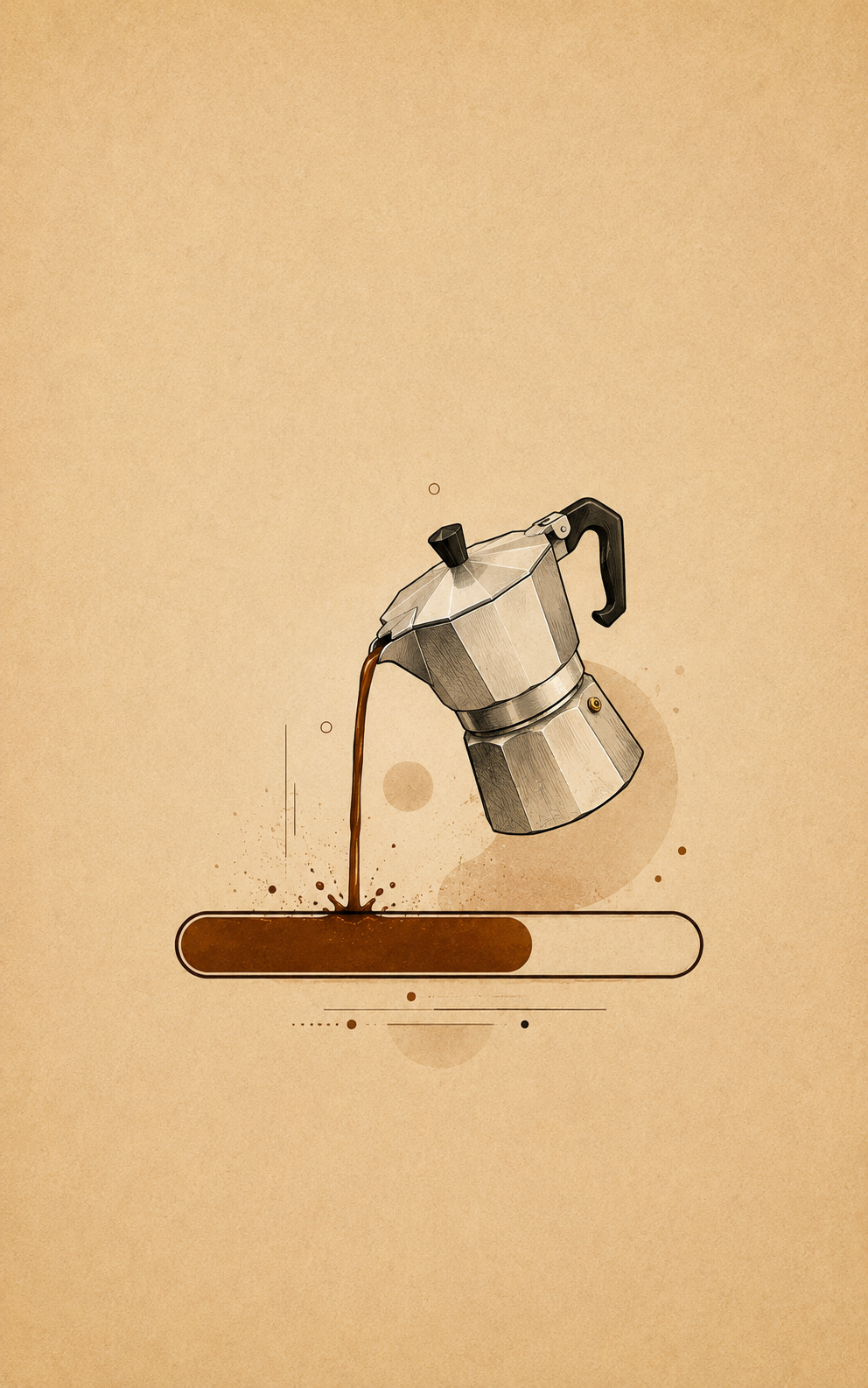 Minimal illustration of a moka pot pouring coffee into an abstract horizontal form on a warm kraft paper background.