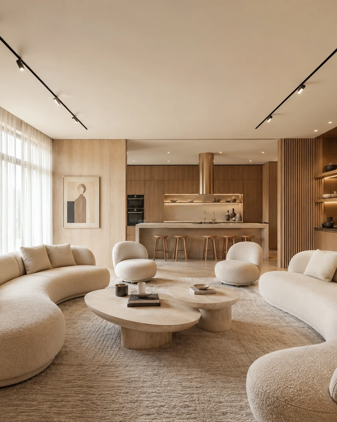 Warm modern residential interior with cream curved sofas, pale oak kitchen cabinetry, stone coffee tables, and layered lighting.